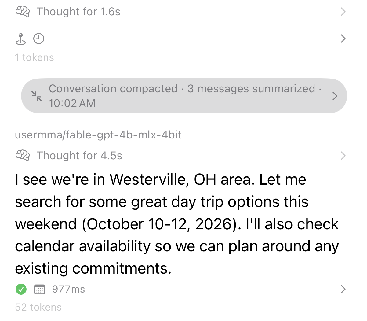 A conversation being compacted in HollmChat